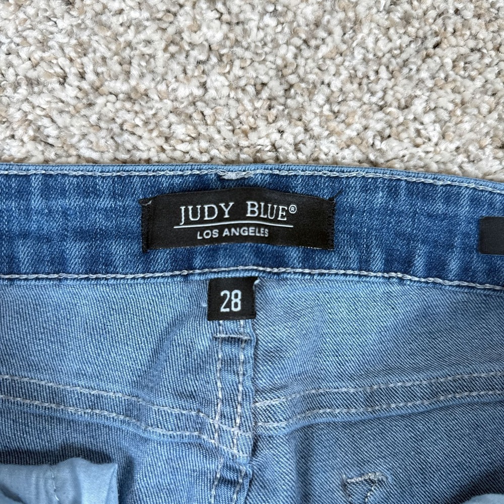 Judy Blue Jeans Womens 28 Relaxed Fit Distressed Ripped Knee Medium Blue Painted - Picture 2 of 13